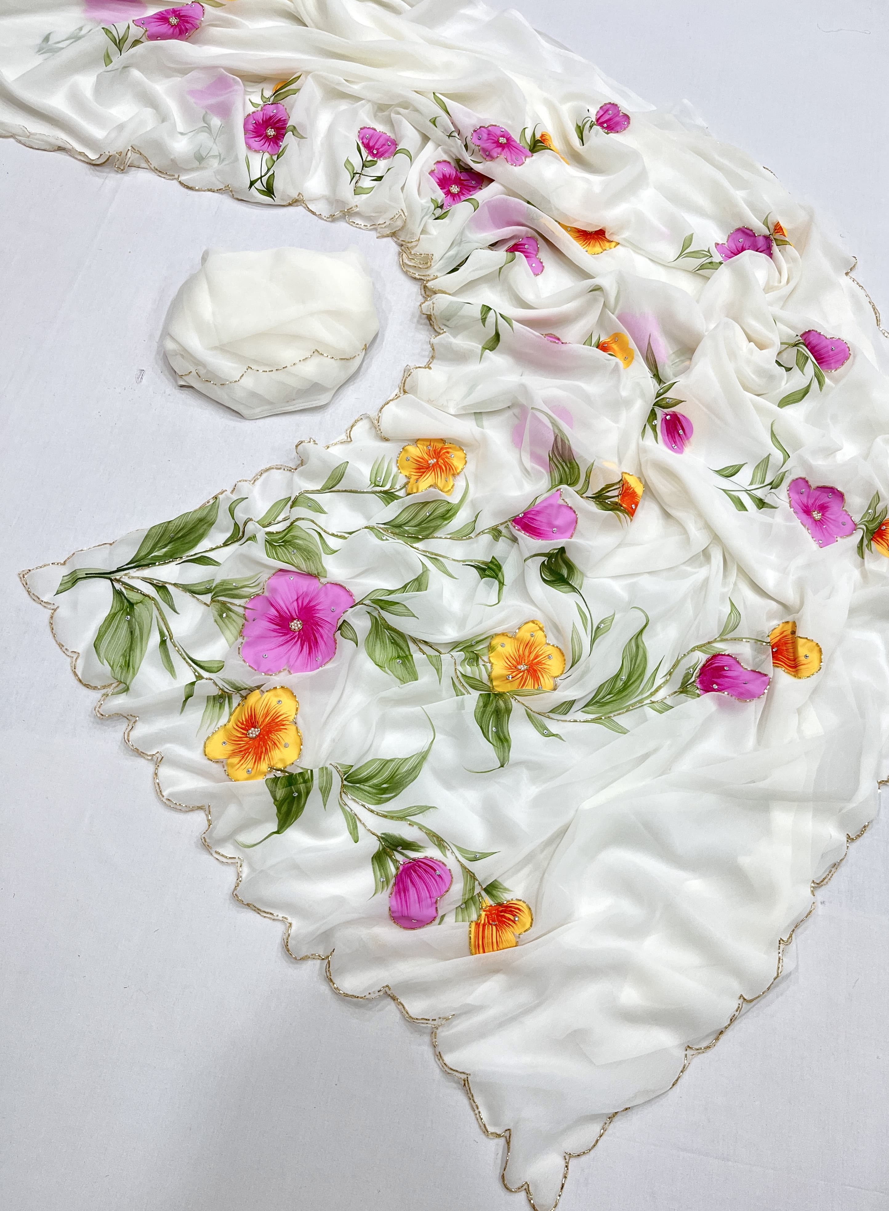 White Designer Pure Georgette Handbrush Floral Khatli Handwork Saree