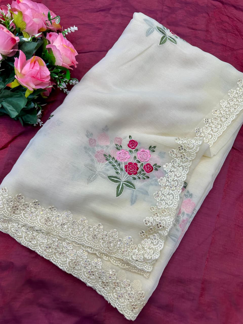 New Wedding Wear Goldy Crush with Thread n Sequence Embroidery Saree
