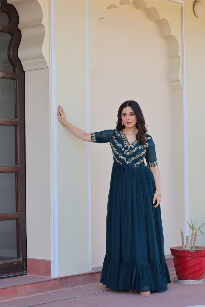 Faux Blooming Sequins & Beads Embroidered Anarkali Gown – Rama & Purple