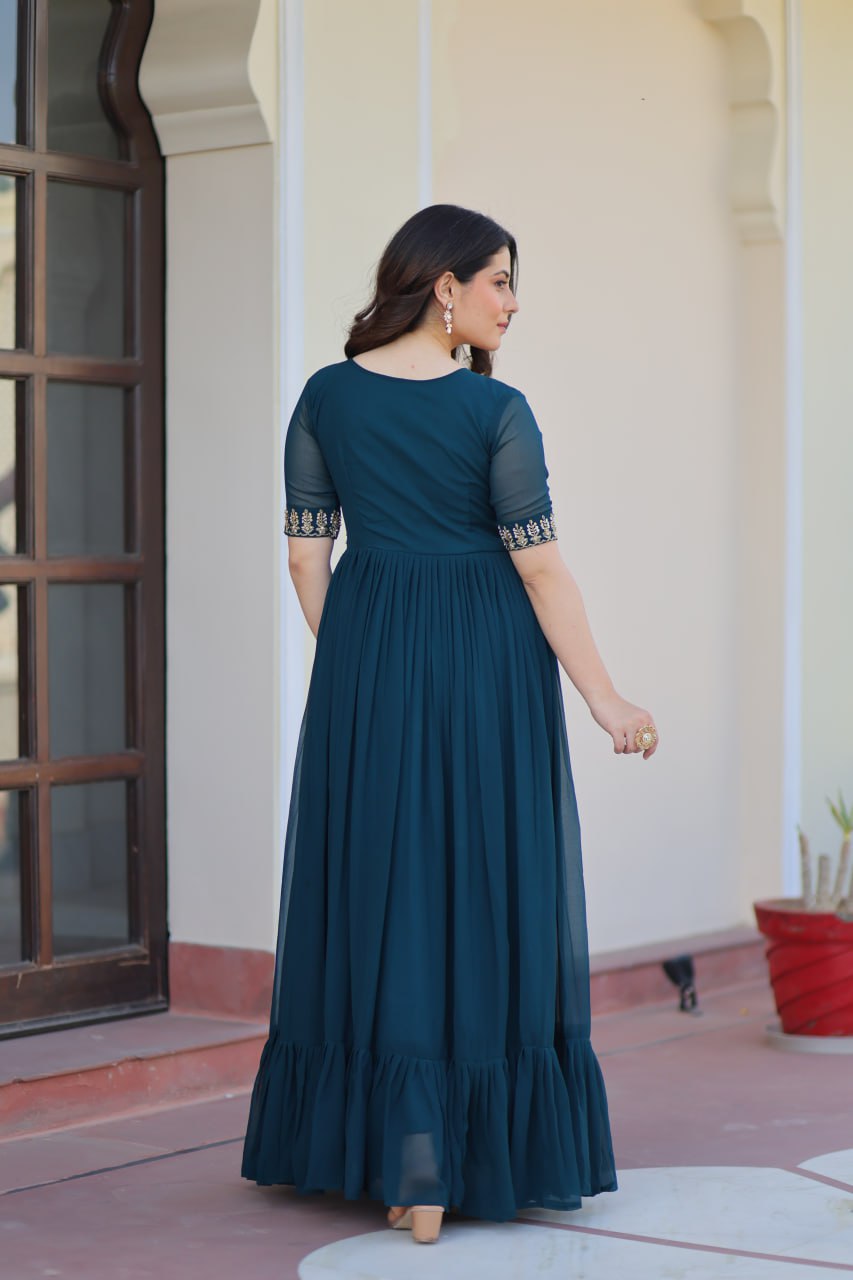 Faux Blooming Sequins & Beads Embroidered Anarkali Gown – Rama & Purple