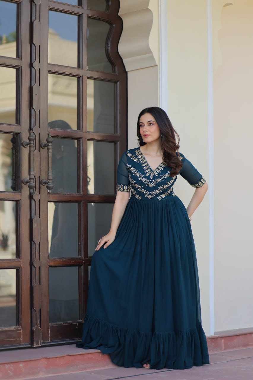 Faux Blooming Sequins & Beads Embroidered Anarkali Gown – Rama & Purple