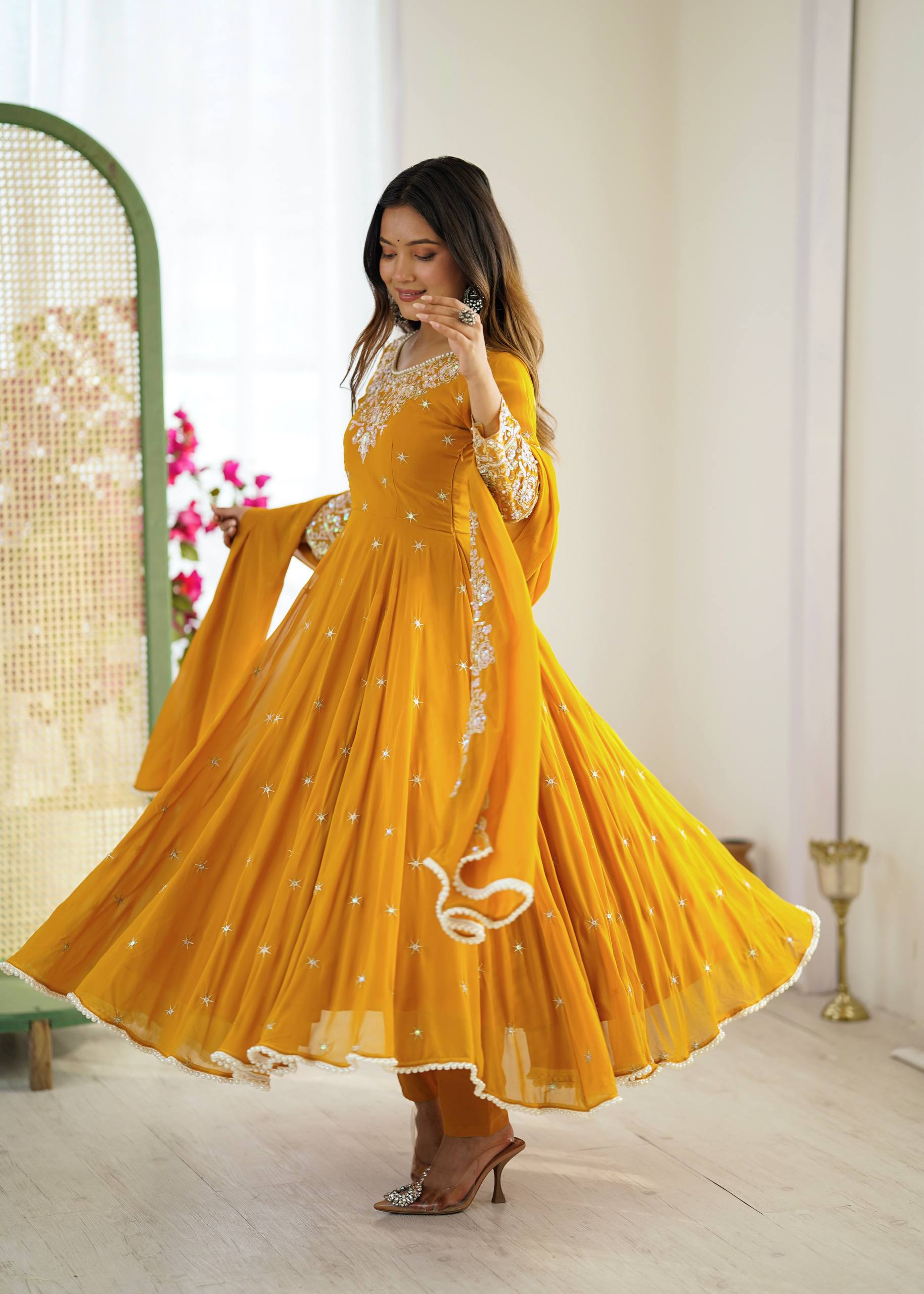 Yellow Designer Anarkali Gown with Dupatta & Bottom | Heavy Embroidery Rainbow Sequin Work