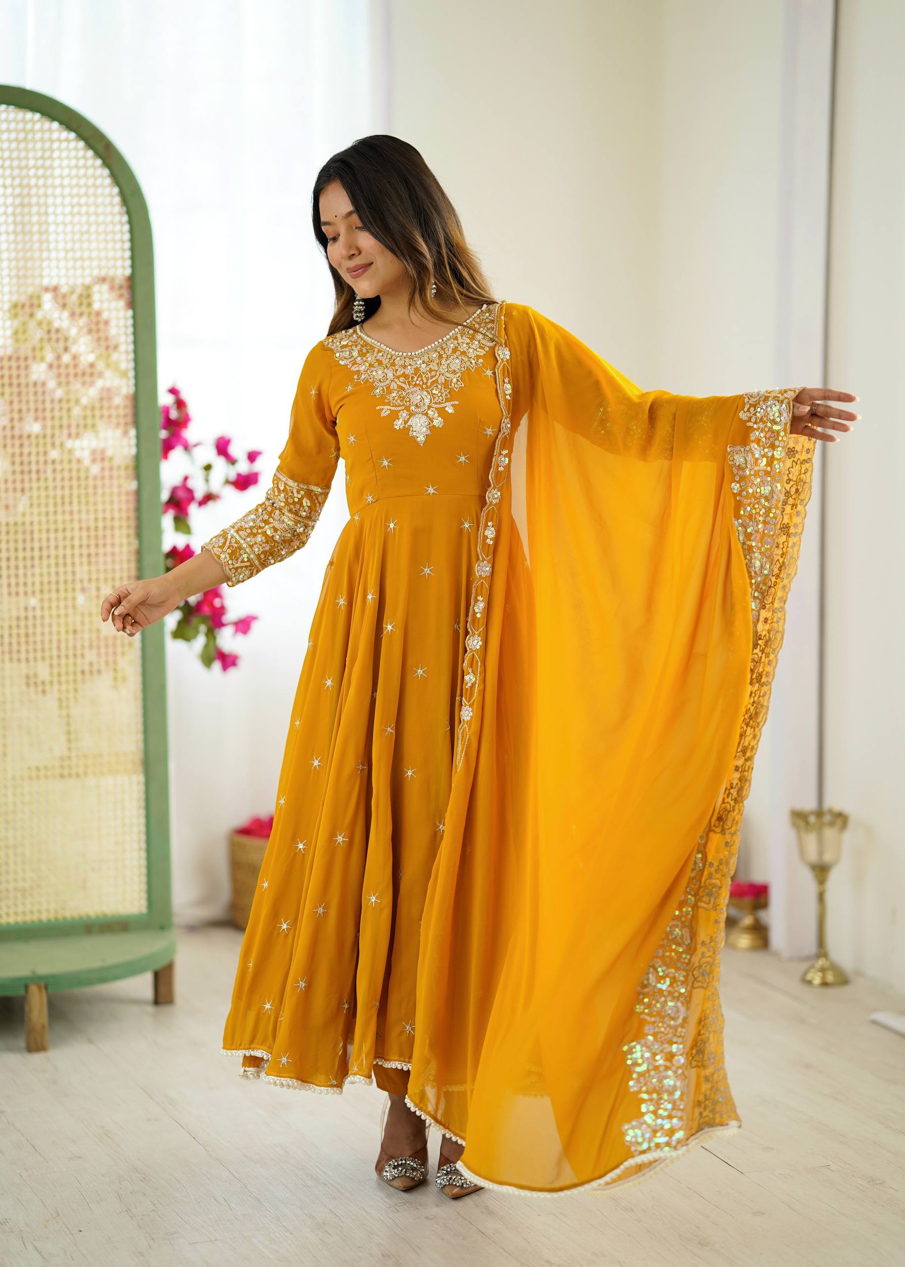 Yellow Designer Anarkali Gown with Dupatta & Bottom | Heavy Embroidery Rainbow Sequin Work
