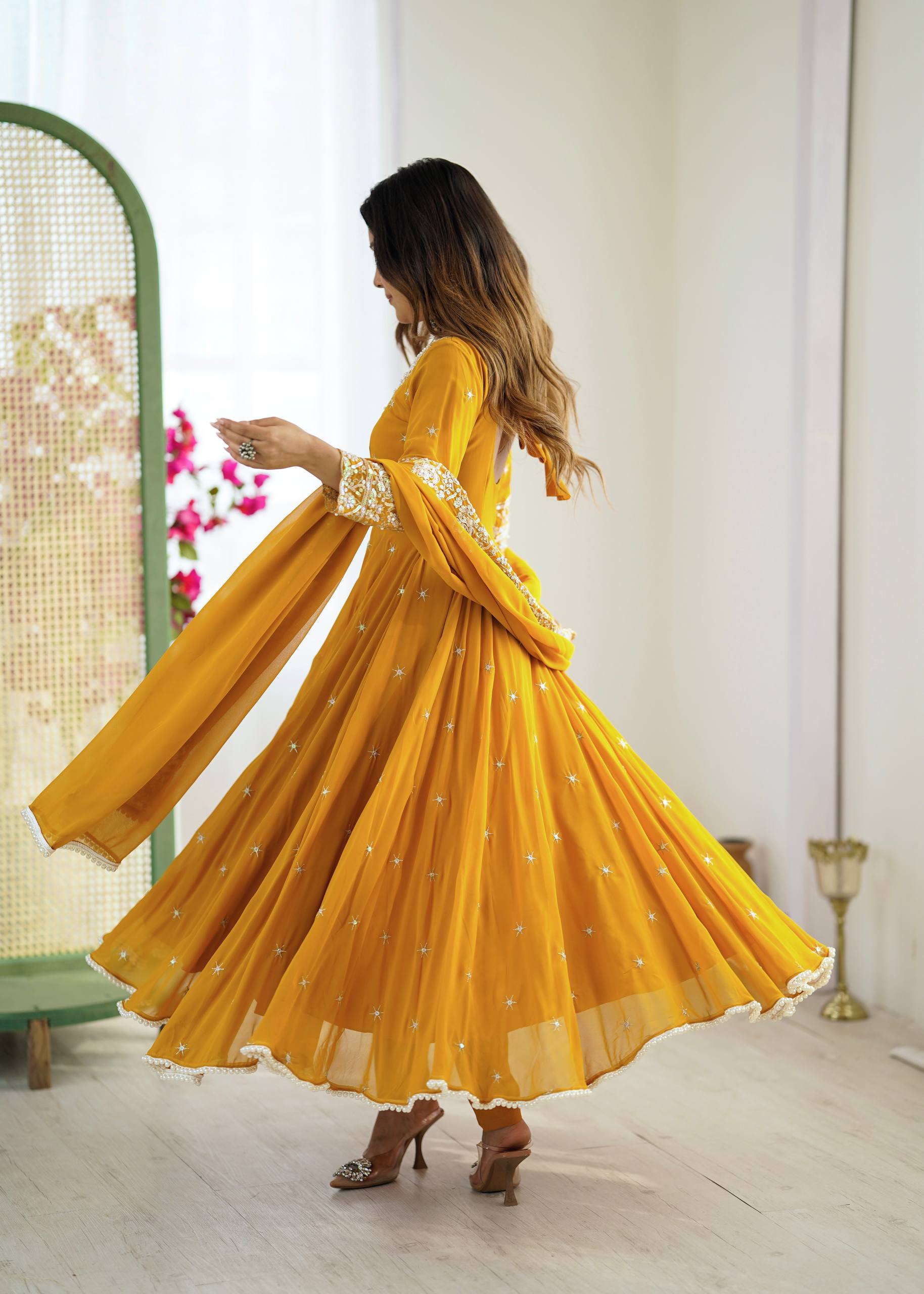 Yellow Designer Anarkali Gown with Dupatta & Bottom | Heavy Embroidery Rainbow Sequin Work