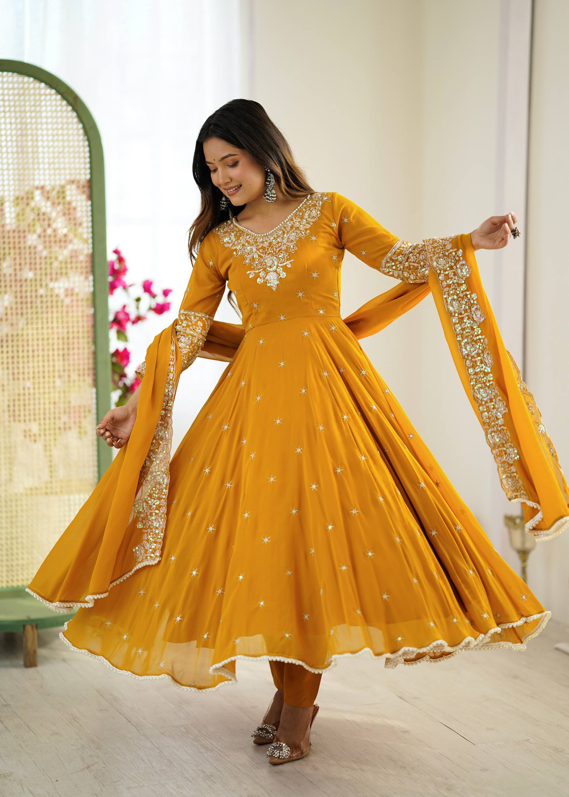 Yellow Designer Anarkali Gown with Dupatta & Bottom | Heavy Embroidery Rainbow Sequin Work