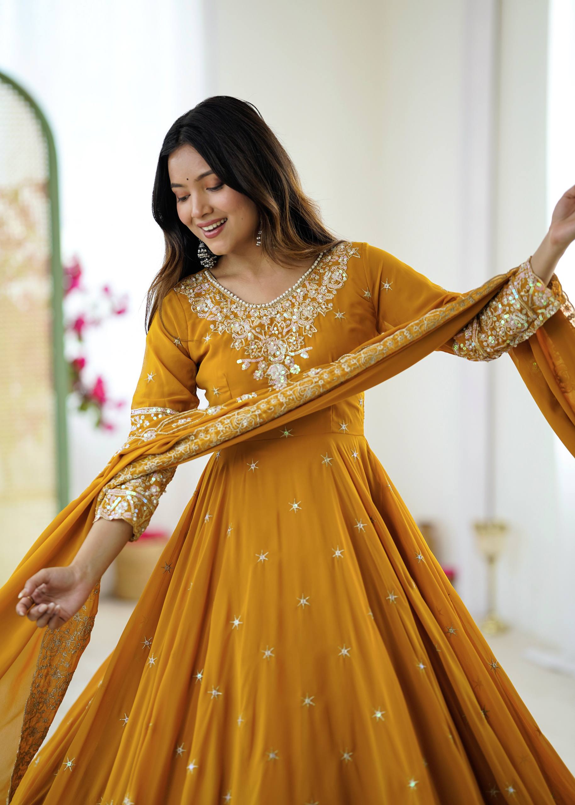 Yellow Designer Anarkali Gown with Dupatta & Bottom | Heavy Embroidery Rainbow Sequin Work