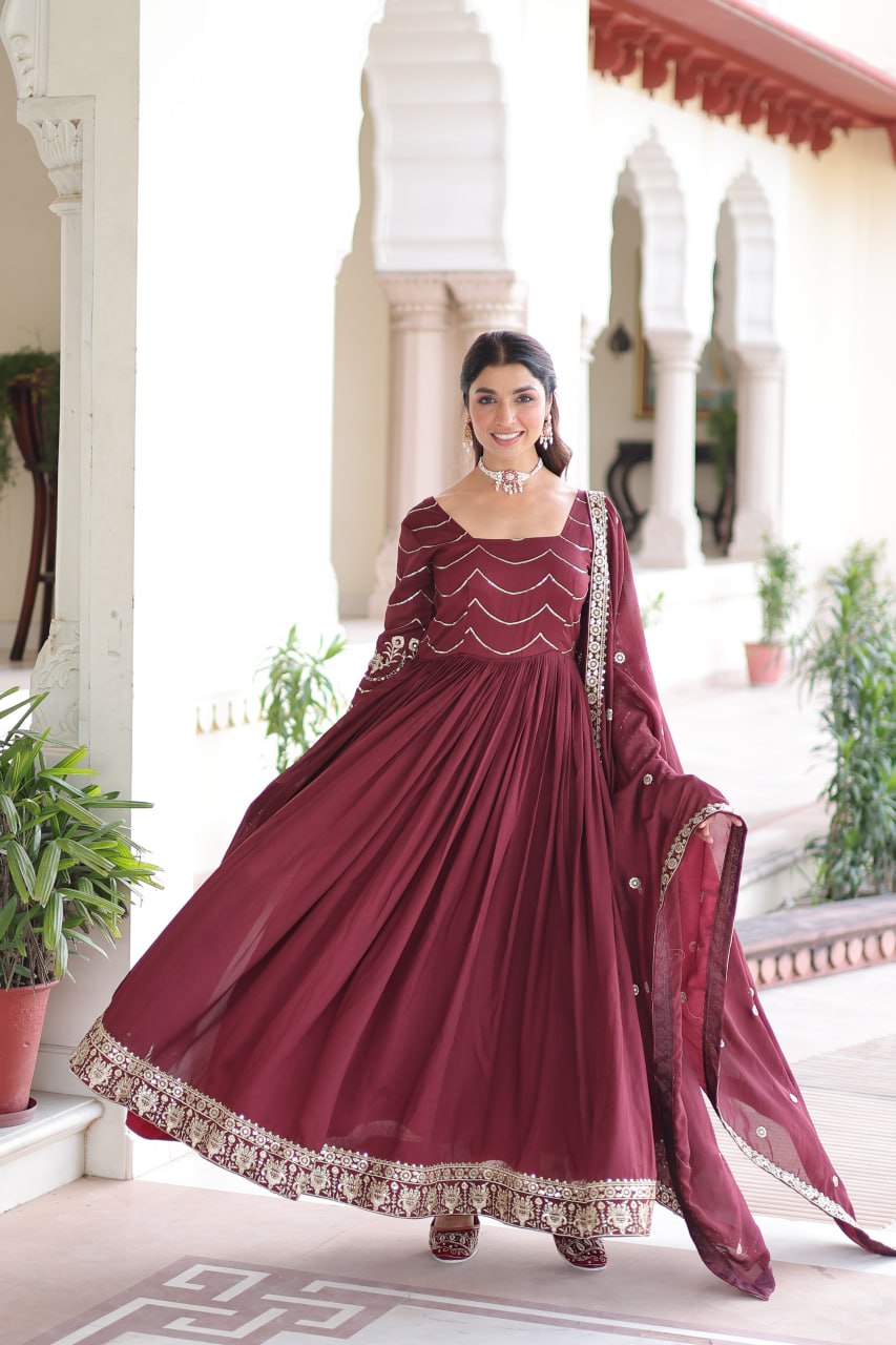 Designer Vichitra Silk with Rich Sequins Embroidered Work Anarkali Gown