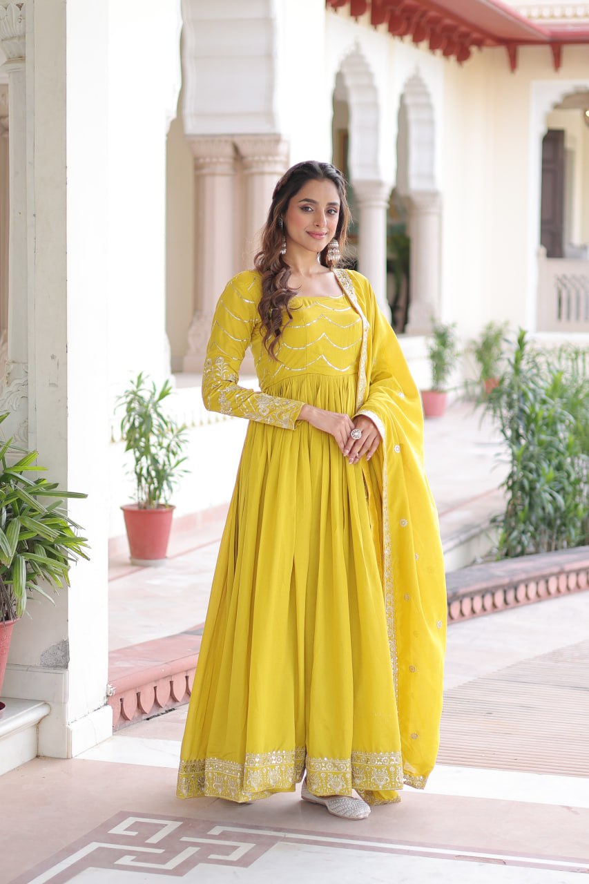 Designer Vichitra Silk with Rich Sequins Embroidered Work Anarkali Gown