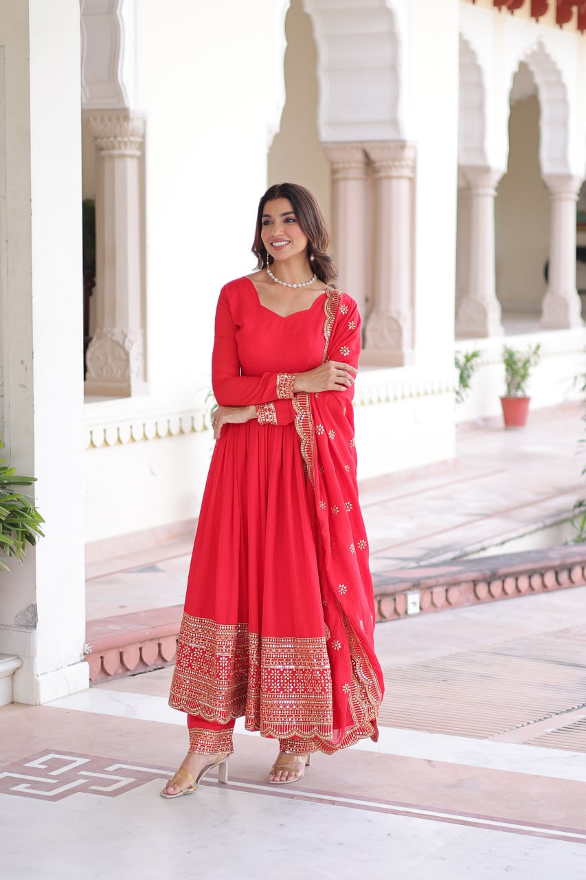 Vichitra Silk Embroidered Gown Set (Red)