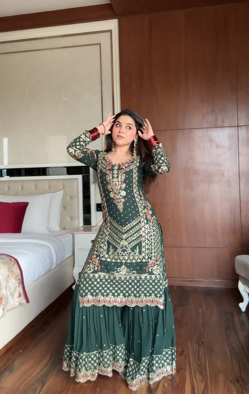 Green Color Designer Faux Georgette Kurta With Sharara Set