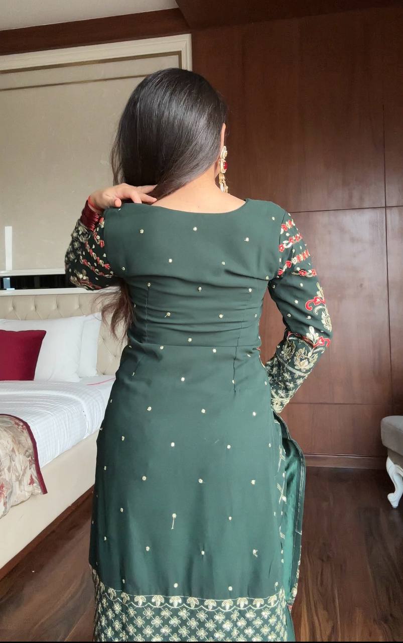 Green Color Designer Faux Georgette Kurta With Sharara Set