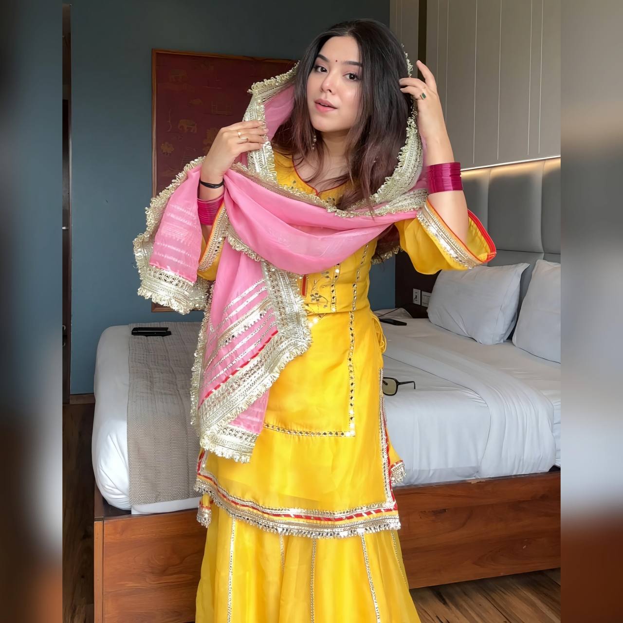 Yellow Premium Anarkali Designer Chinon Silk Kurta Sharara Set