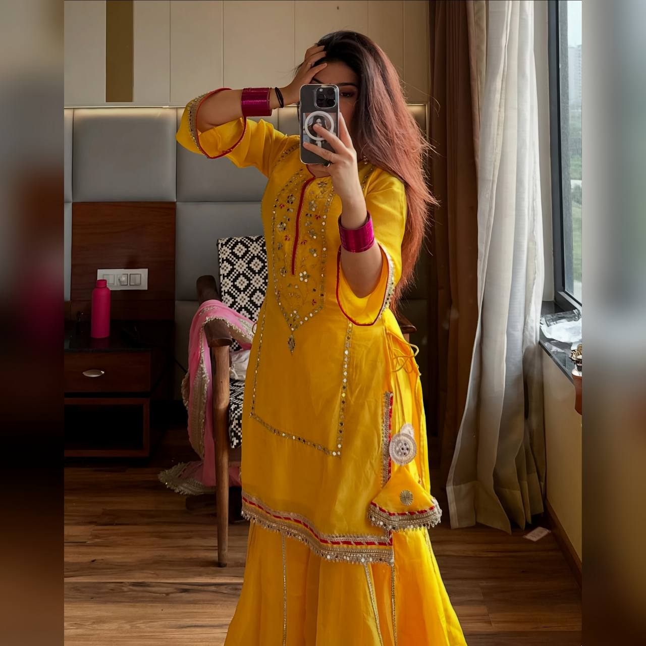 Yellow Premium Anarkali Designer Chinon Silk Kurta Sharara Set