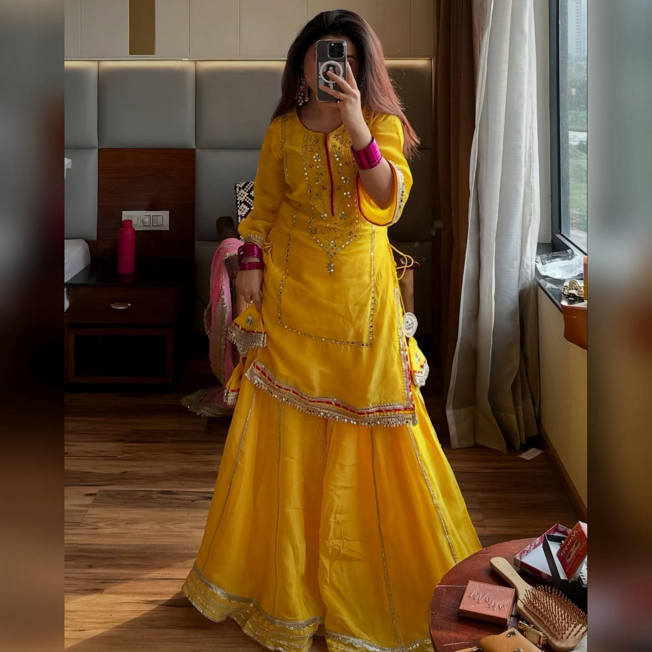 Yellow Premium Anarkali Designer Chinon Silk Kurta Sharara Set