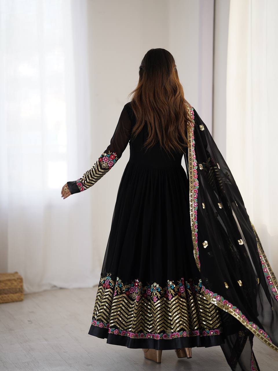 Black Color Heavy Georgette Embroidered Anarkali Gown Set with Dupatta & Bottom