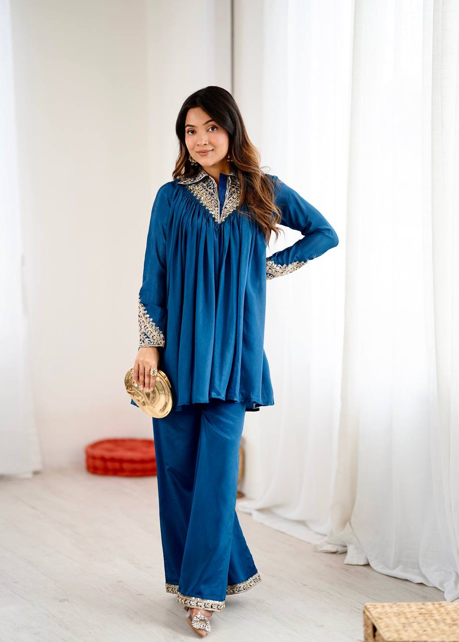 New Designer Partywear Heavy Chinon with Embroidery Sequence Work Kurta With Plazzo Set