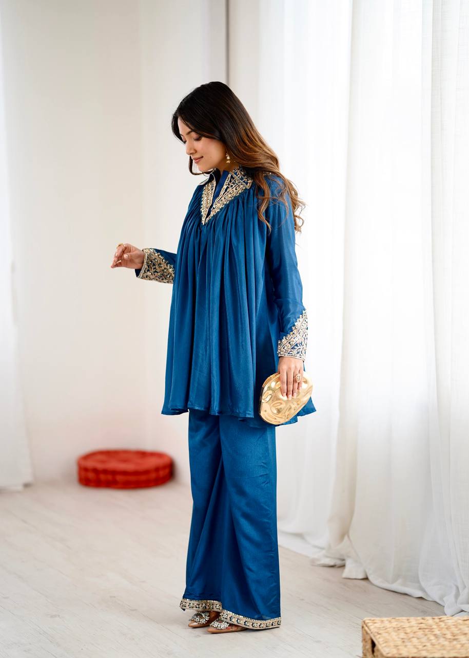 New Designer Partywear Heavy Chinon with Embroidery Sequence Work Kurta With Plazzo Set