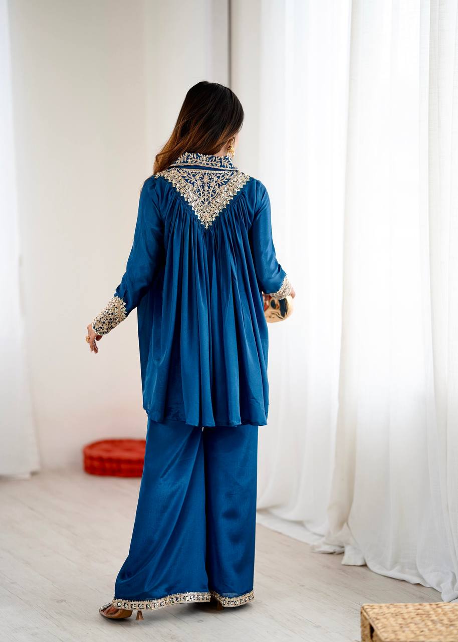 New Designer Partywear Heavy Chinon with Embroidery Sequence Work Kurta With Plazzo Set