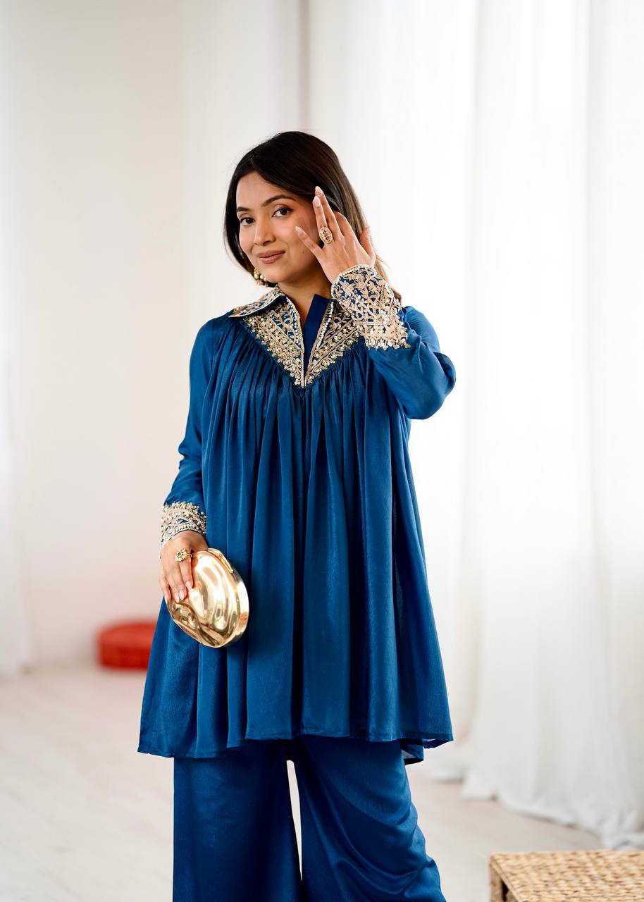 New Designer Partywear Heavy Chinon with Embroidery Sequence Work Kurta With Plazzo Set