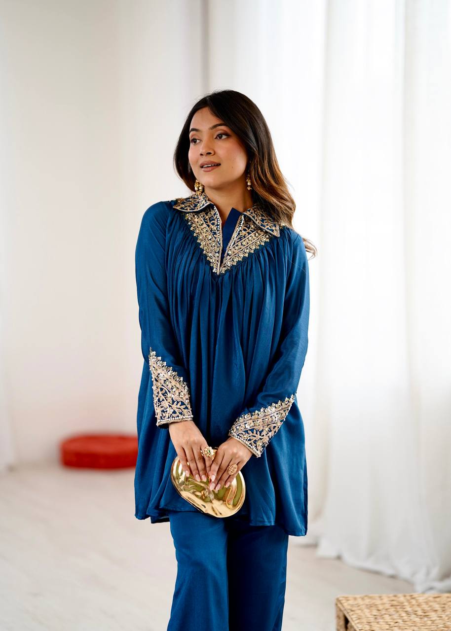 New Designer Partywear Heavy Chinon with Embroidery Sequence Work Kurta With Plazzo Set