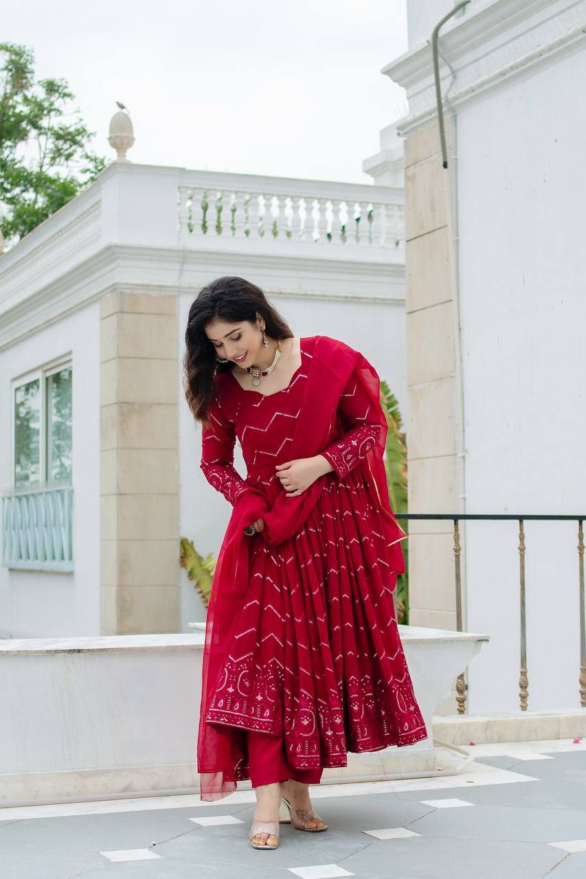 Red Color Partywear Premium Designer Anarkali Set
