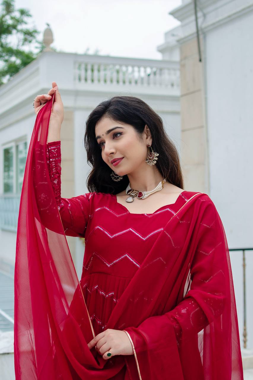 Red Color Partywear Premium Designer Anarkali Set