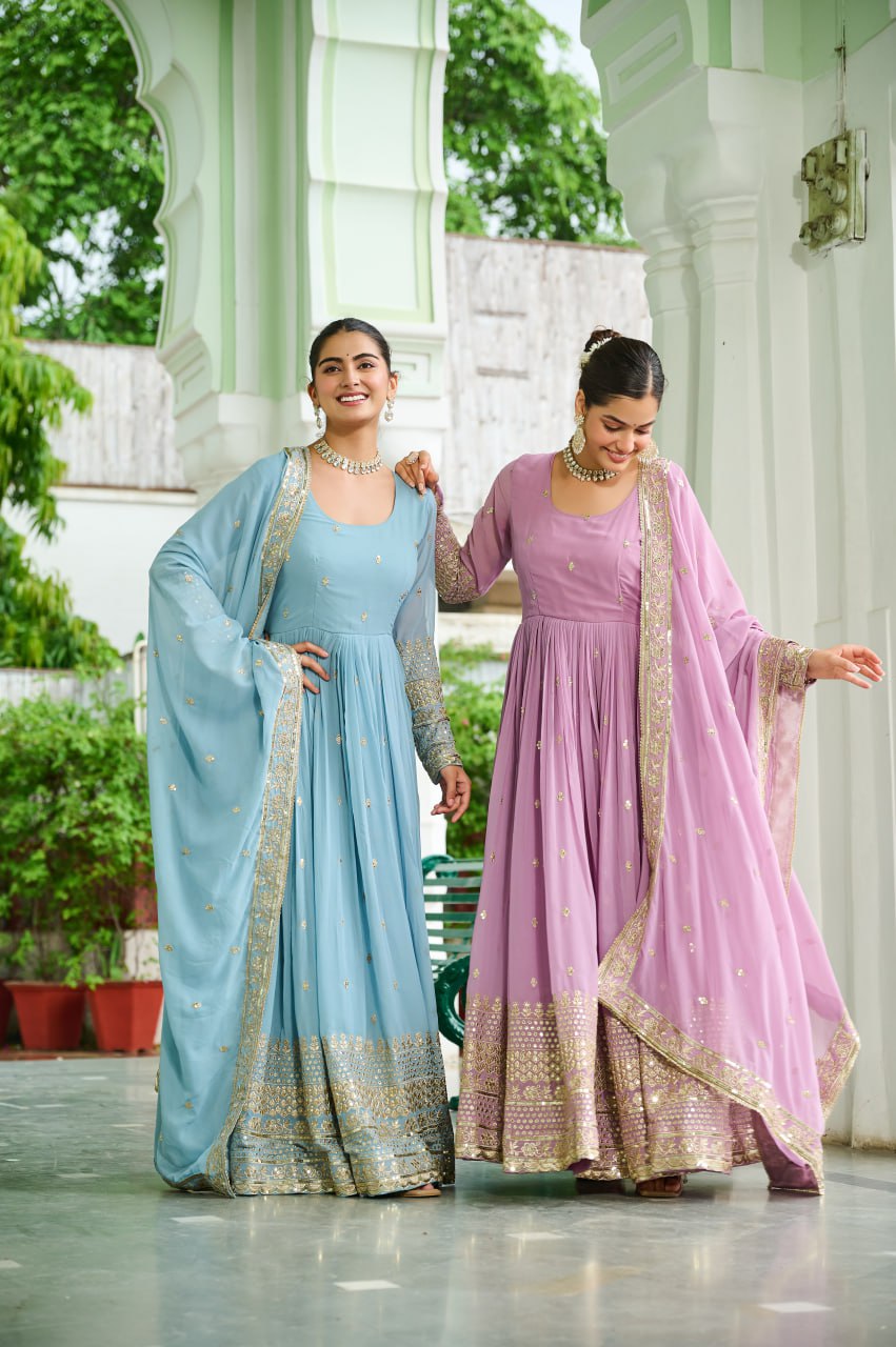 Designer Faux Georgette Embroidered Gown with Dupatta