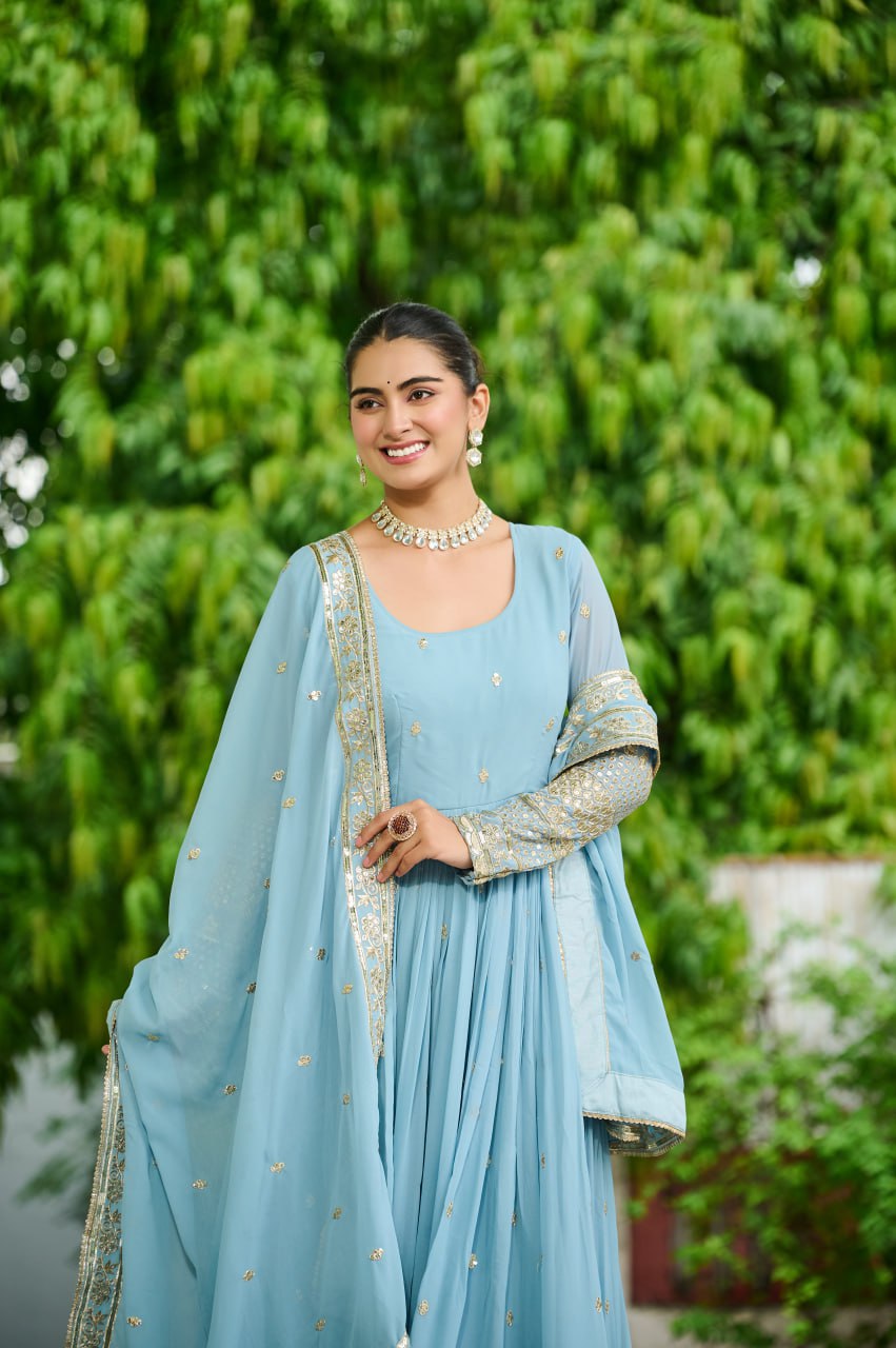 Designer Faux Georgette Embroidered Gown with Dupatta