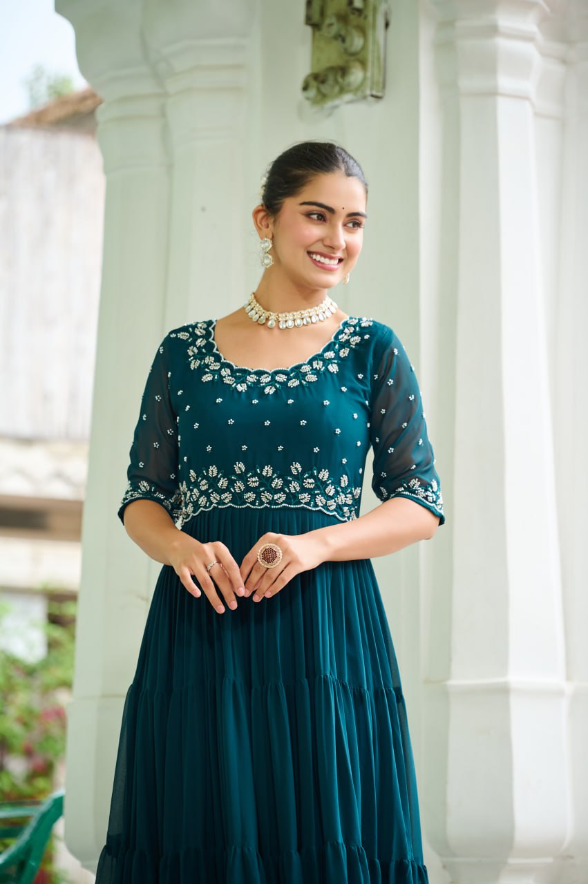 Designer Faux Blooming Beads Embroidered Anarkali Gown