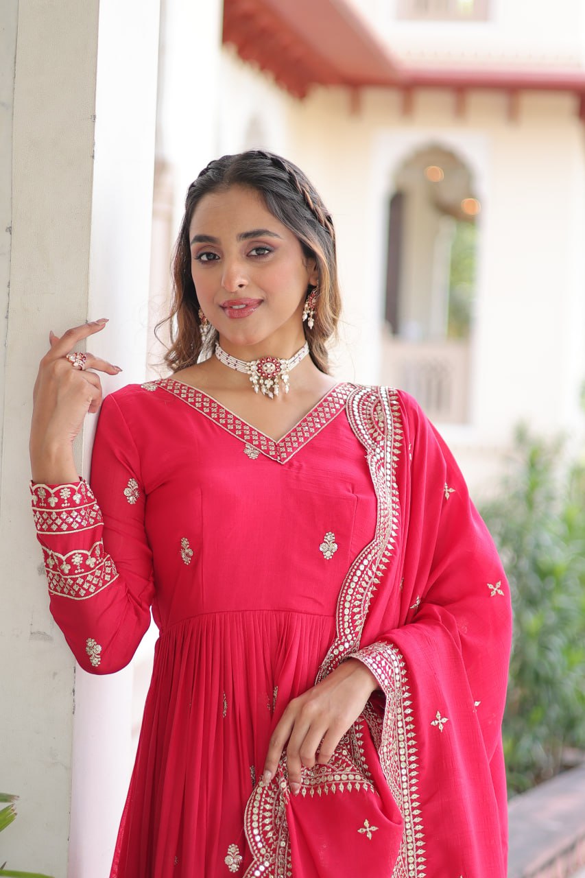 Premium Vichitra Silk Sequins & Zari Embroidered Gown Set