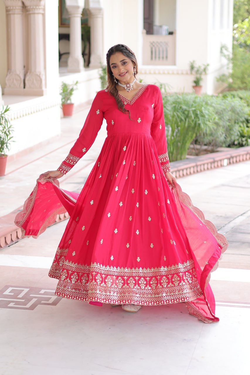 Premium Vichitra Silk Sequins & Zari Embroidered Gown Set