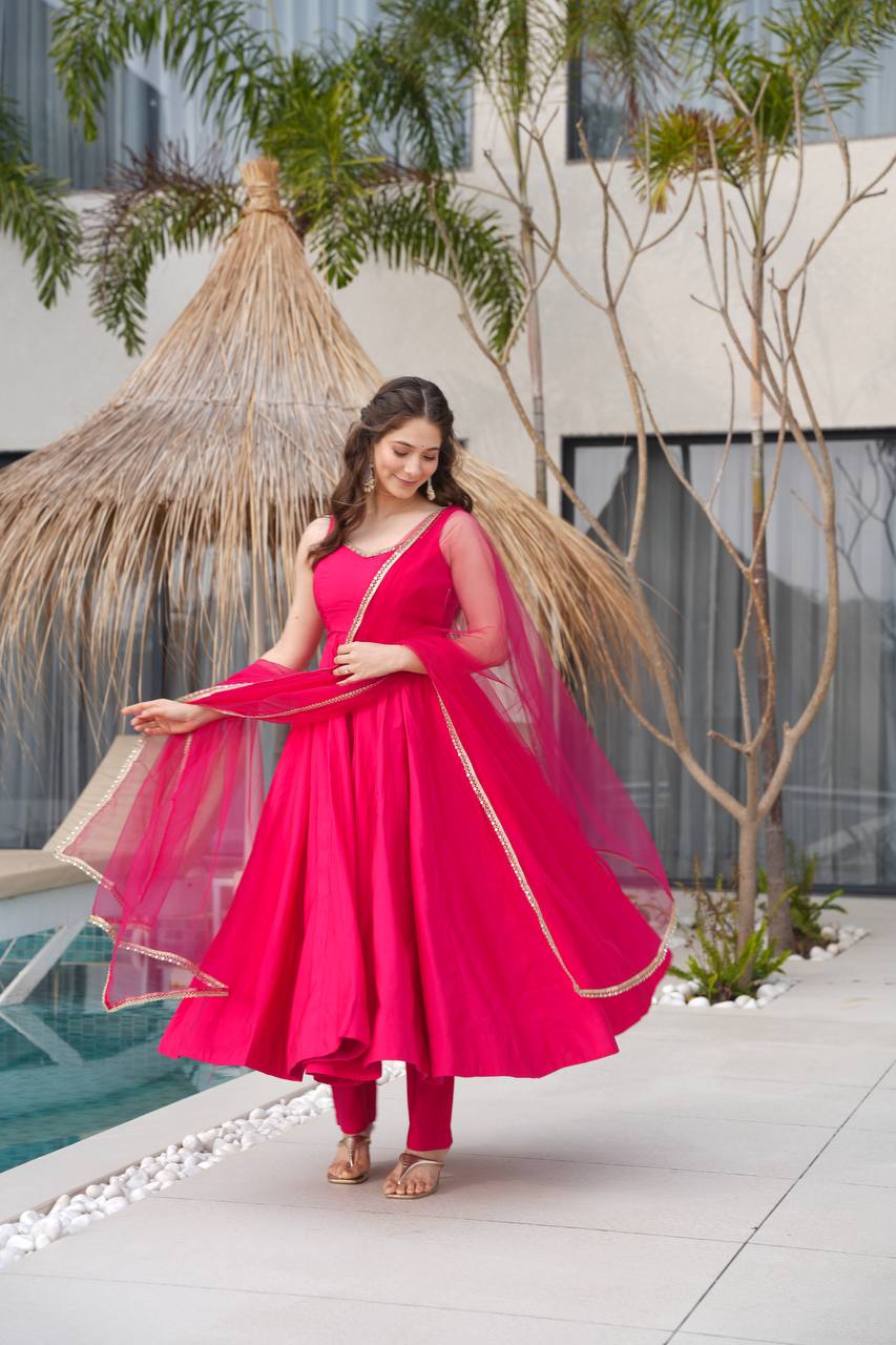 Pink Color Premium Heavy Roman Silk Anarkali Set