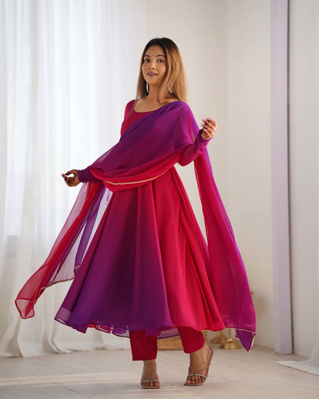 Colourful Padded Fox Georgette Anarkali with Dupatta & Pant – Ready to Wear