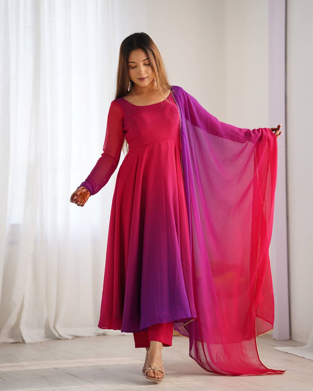 Colourful Padded Fox Georgette Anarkali with Dupatta & Pant – Ready to Wear