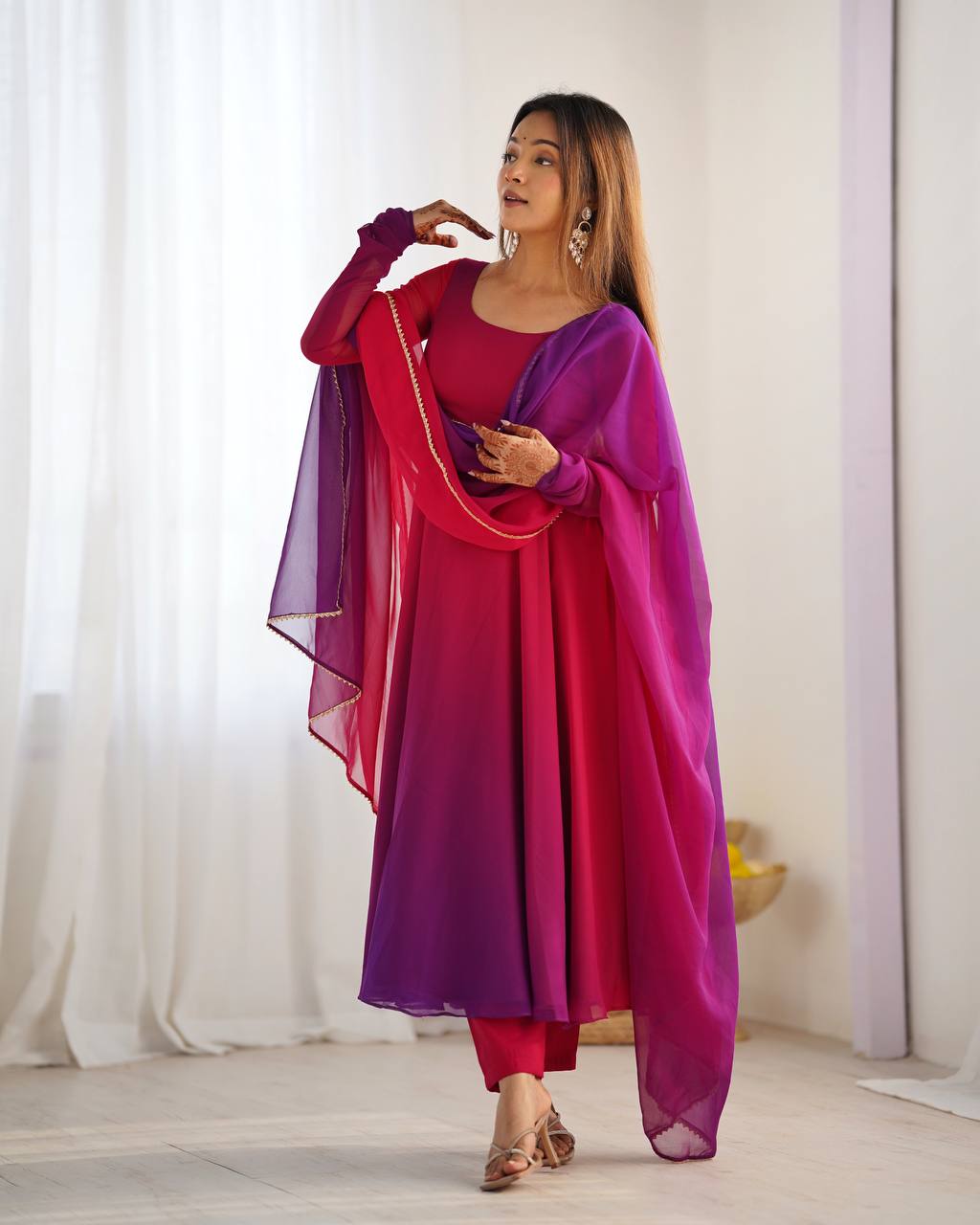 Colourful Padded Fox Georgette Anarkali with Dupatta & Pant – Ready to Wear