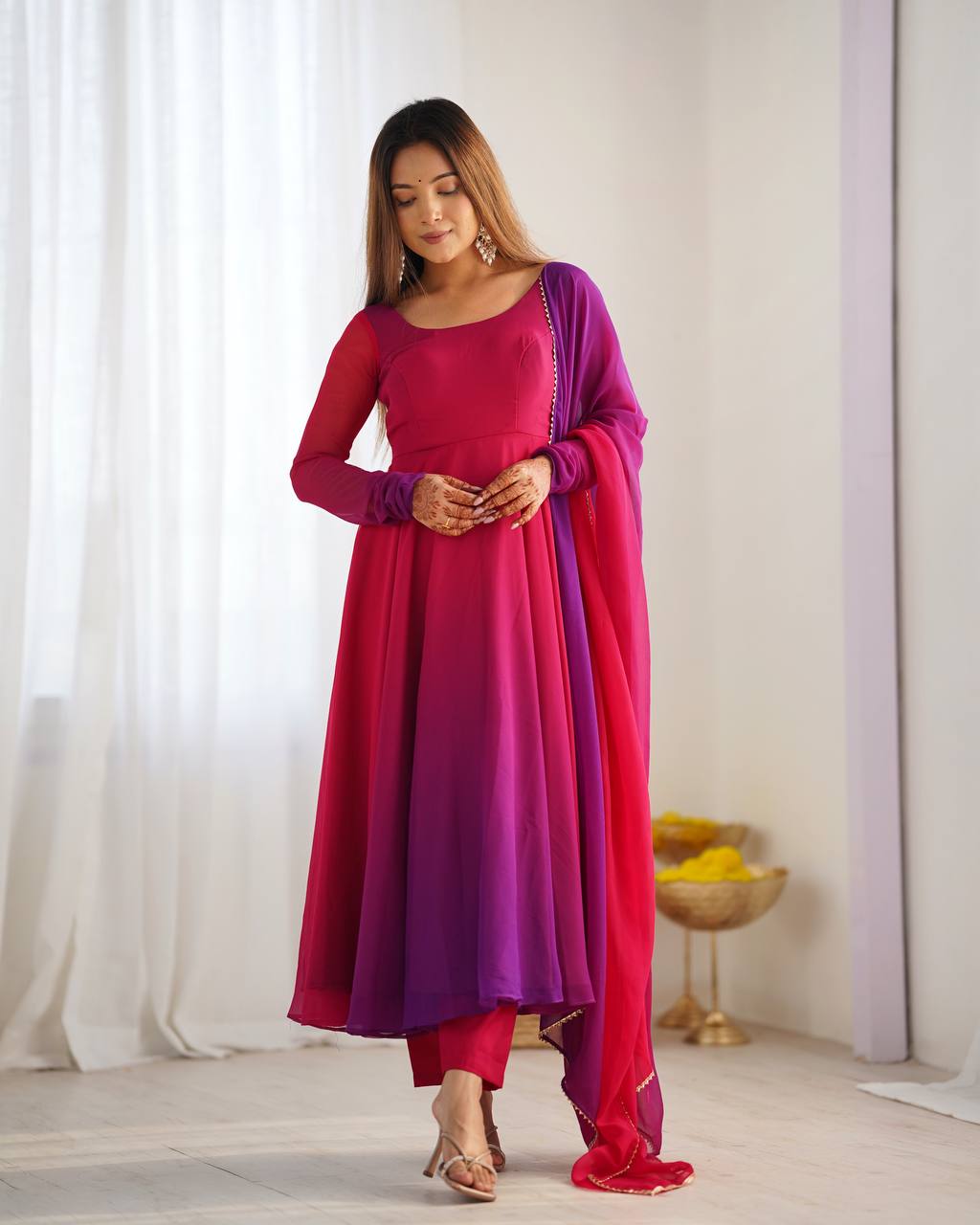 Colourful Padded Fox Georgette Anarkali with Dupatta & Pant – Ready to Wear