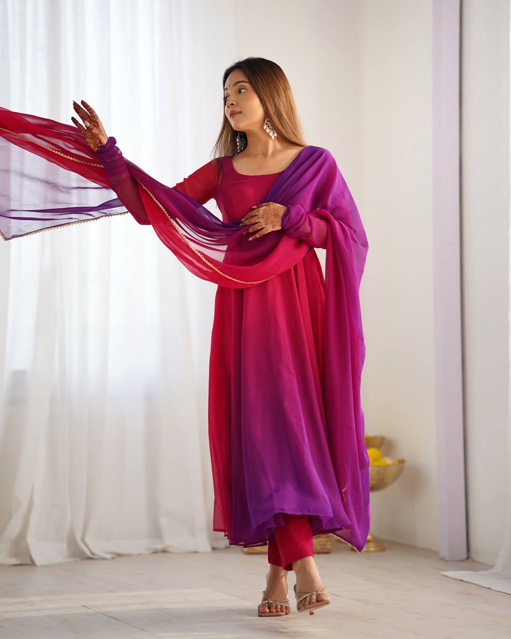Colourful Padded Fox Georgette Anarkali with Dupatta & Pant – Ready to Wear