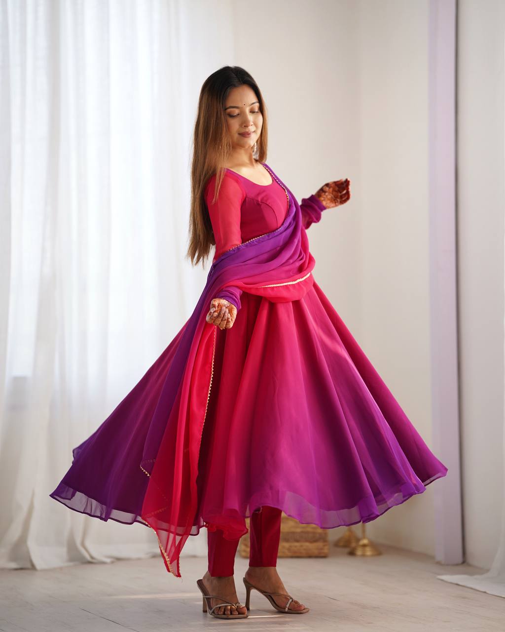 Colourful Padded Fox Georgette Anarkali with Dupatta & Pant – Ready to Wear