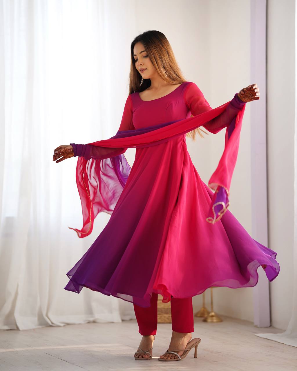 Colourful Padded Fox Georgette Anarkali with Dupatta & Pant – Ready to Wear