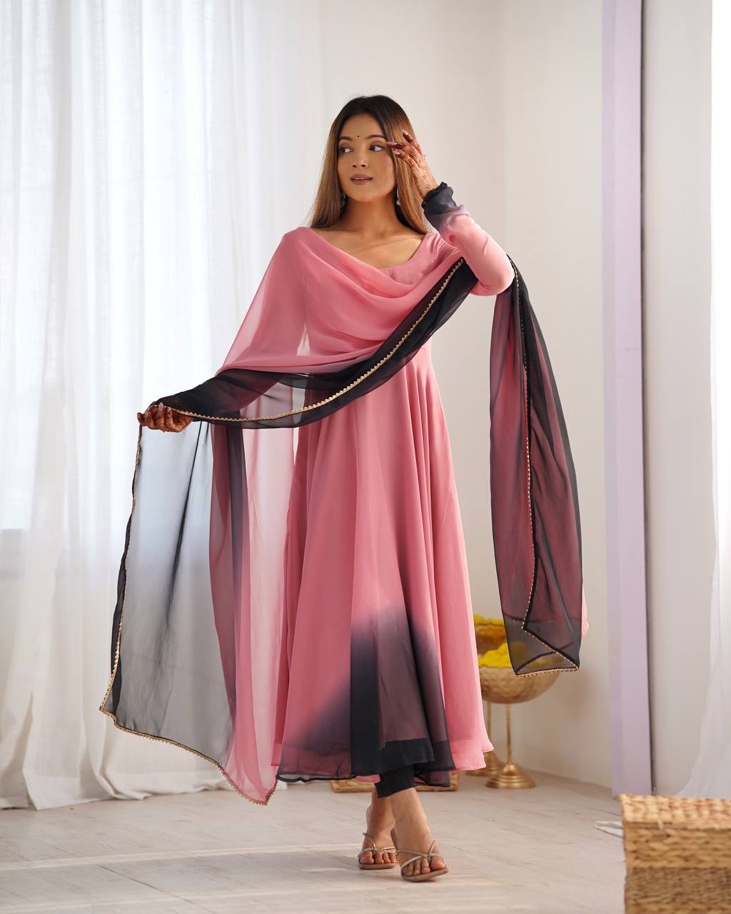 Luxury Anarkali Set – Fox Georgette, Dupatta with Lace Work & Roman Silk Pant