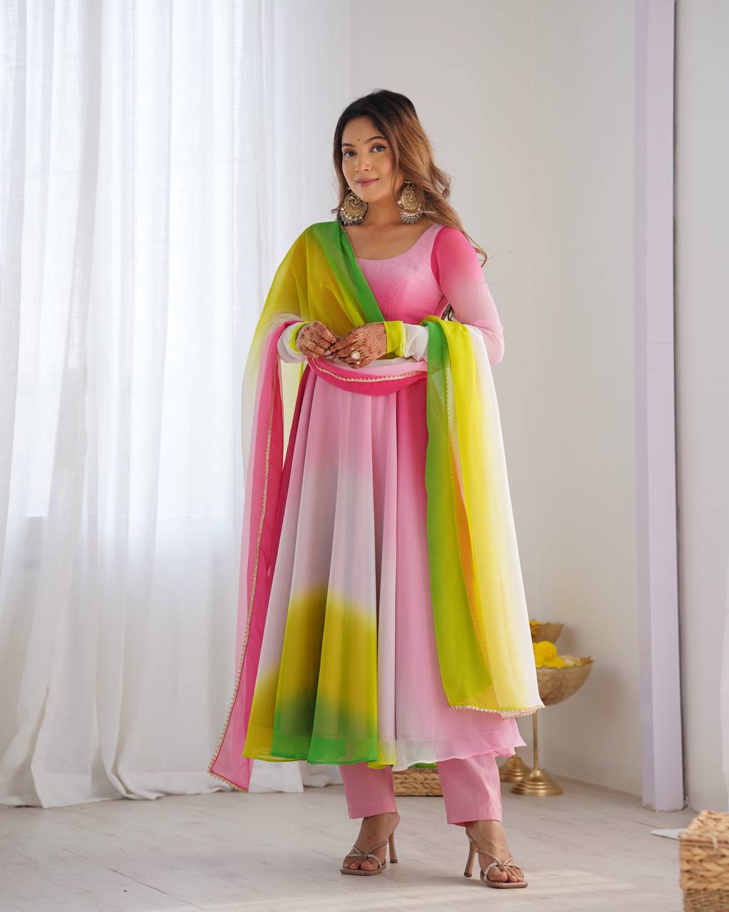 Party Wear Heavy Anarkali – Fox Georgette with Dupatta & Chanderi Pant