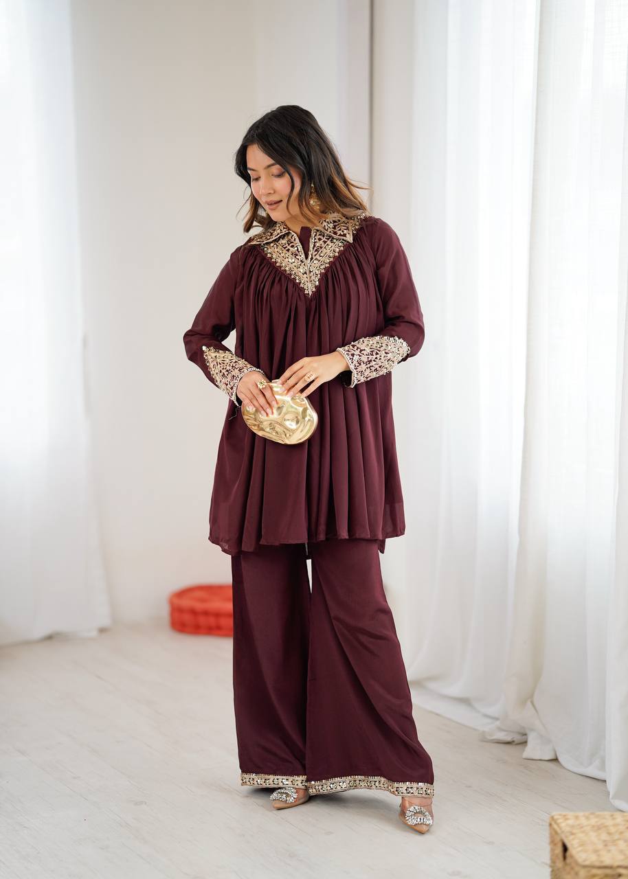 New Designer Partywear Heavy Chinon with Embroidery Sequence Work Kurta With Plazzo Set