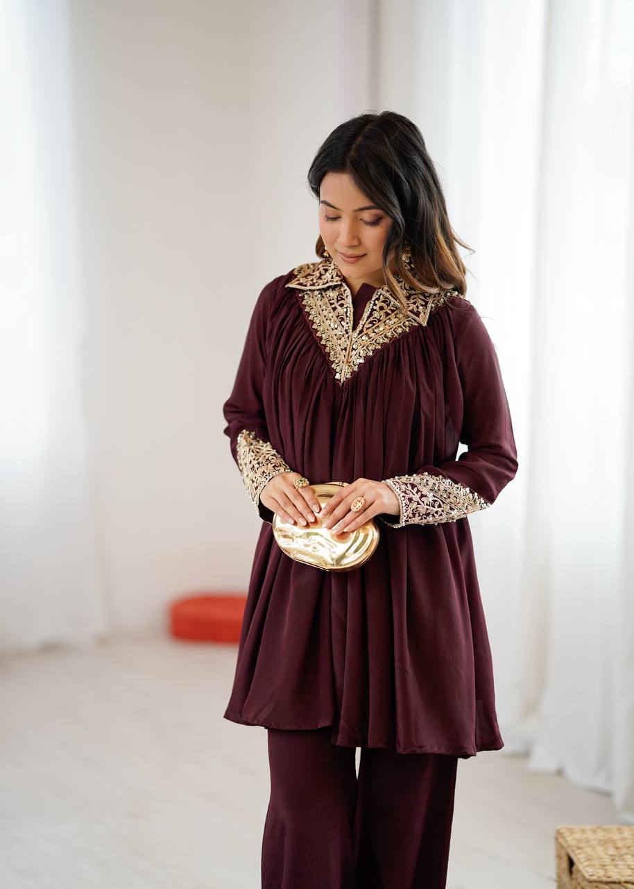 New Designer Partywear Heavy Chinon with Embroidery Sequence Work Kurta With Plazzo Set