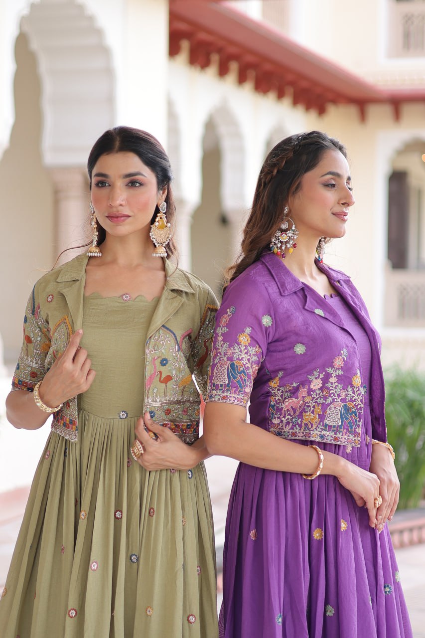 Vijodhya Premium Vichitra Silk Gown Set with Embroidered Koti