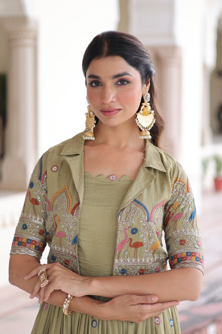 Vijodhya Premium Vichitra Silk Gown Set with Embroidered Koti