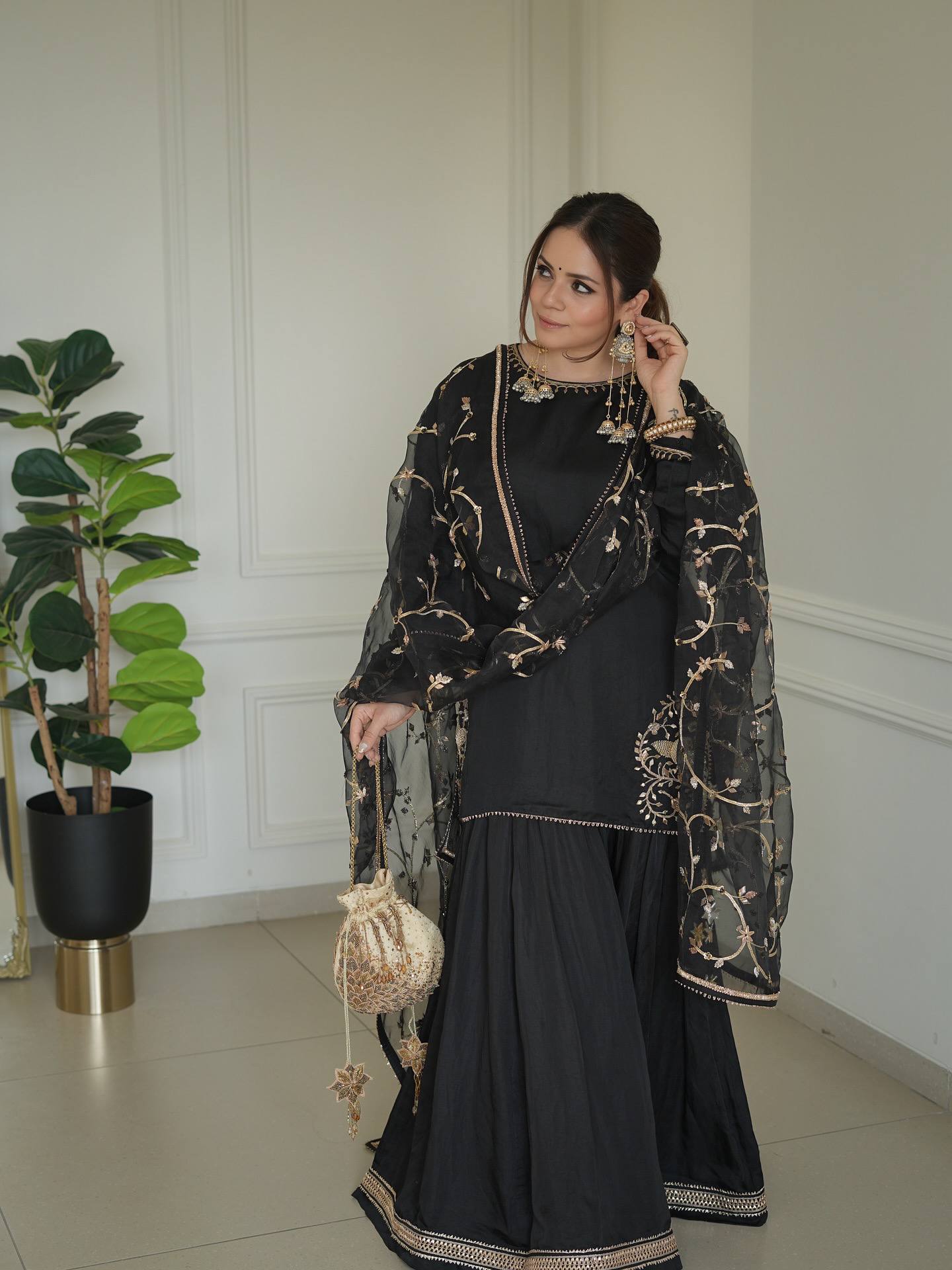 New Premium Designer Pure Natural Crepe Kurta With Sharara Set
