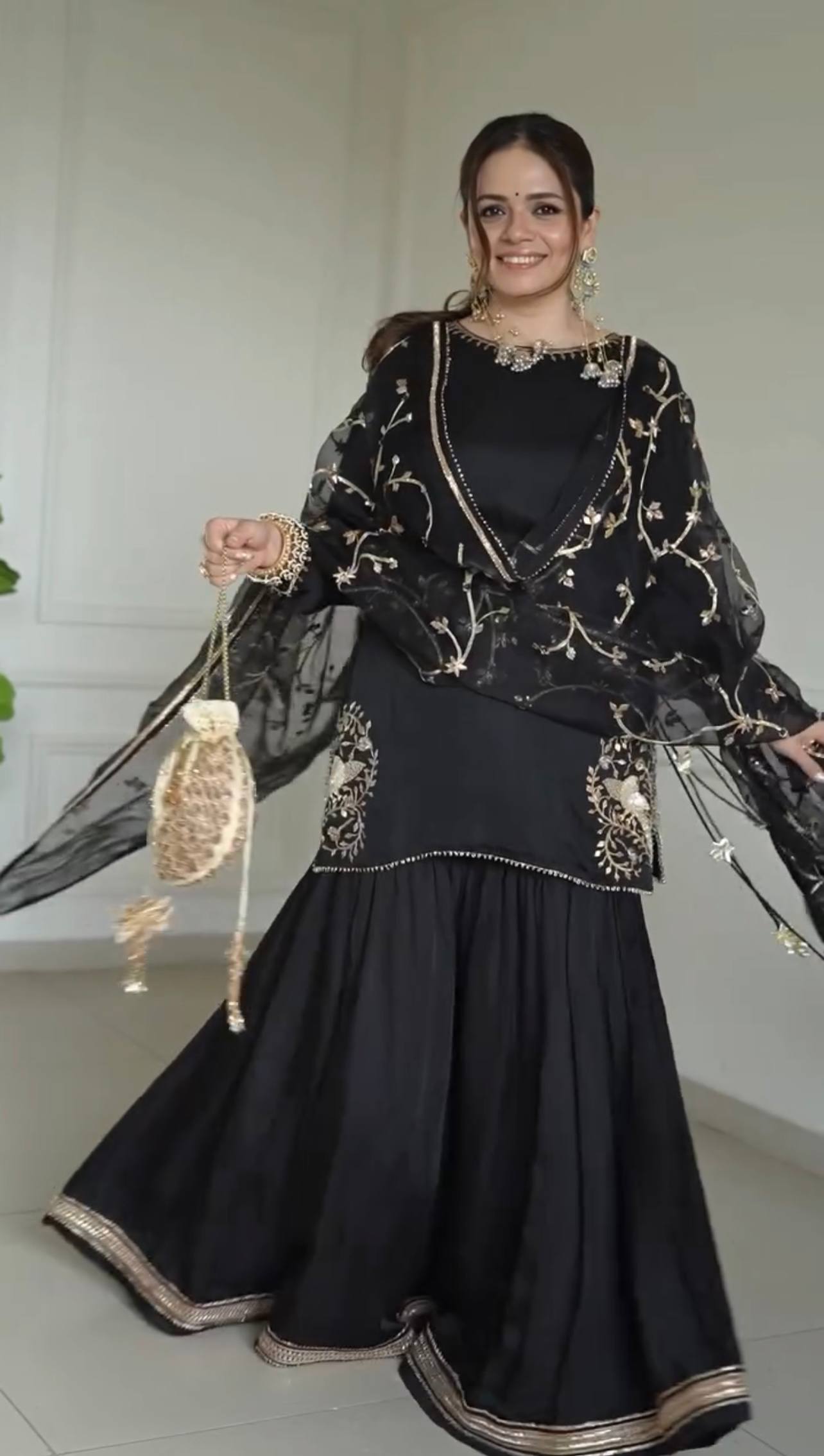 New Premium Designer Pure Natural Crepe Kurta With Sharara Set