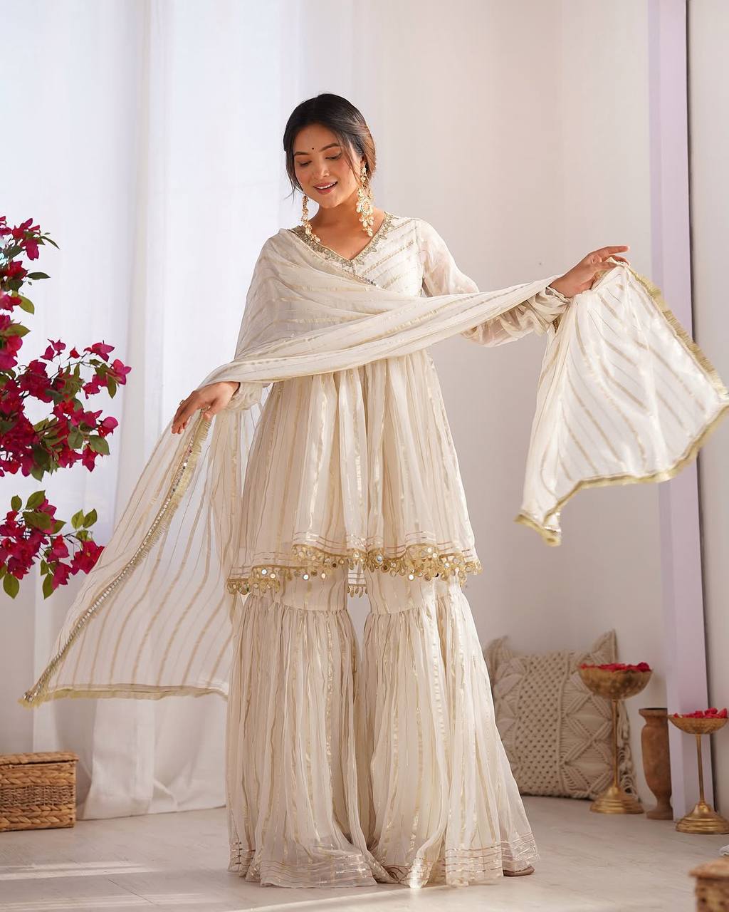 Mal Chanderi Sharara Set with Real Mirror Handwork & Dupatta – Fully Stitched