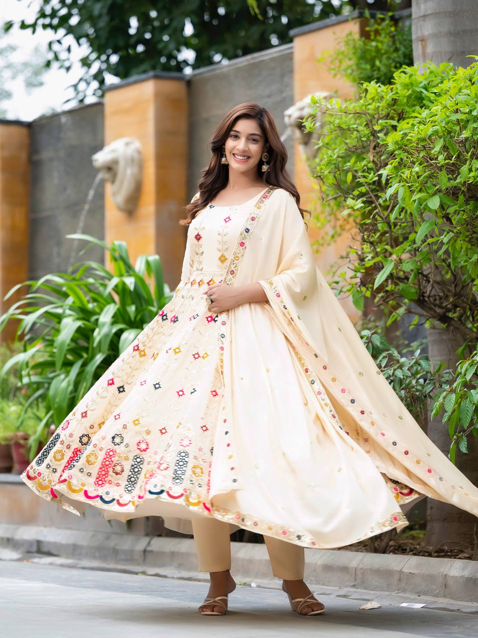 Designer Chinon Silk Anarkali Gown with Fancy Sleeves, Pants & Embroidered Dupatta