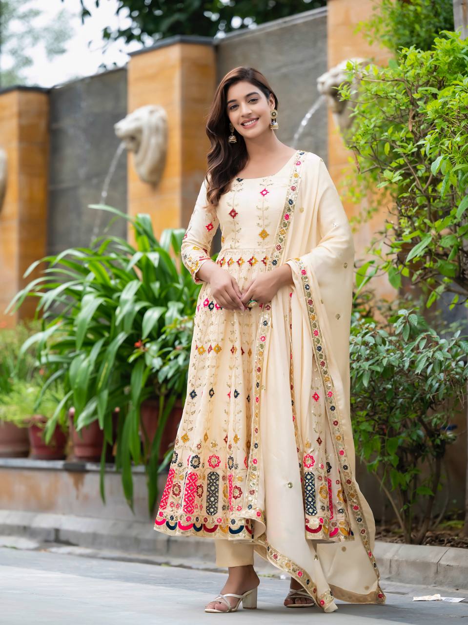 Designer Chinon Silk Anarkali Gown with Fancy Sleeves, Pants & Embroidered Dupatta